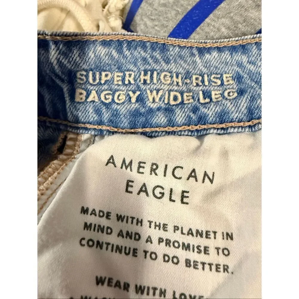 American Eagle Wide Leg High Rise Whiskering Cotton Distressed Jeans Blue Size 0
